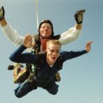 two men skydiving with gear and goggles and smiling | indoor skydiving Lone Tree